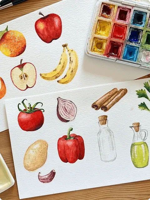 Variedade de desenhos ilustrados com aquarelas