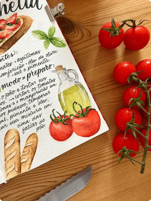 Ilustração de uma bruschetta com aquarela